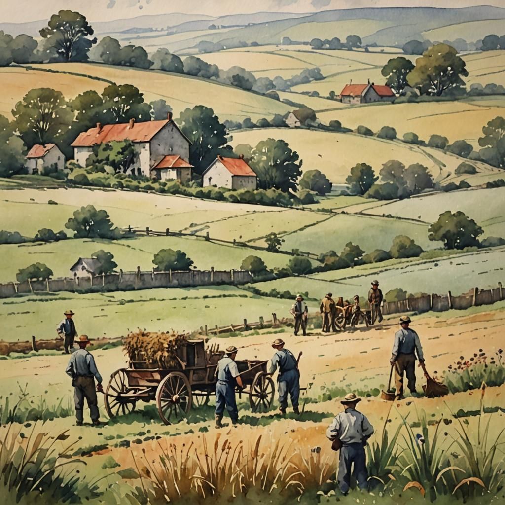 Rustic Farm Scene in Vintage Watercolour Style