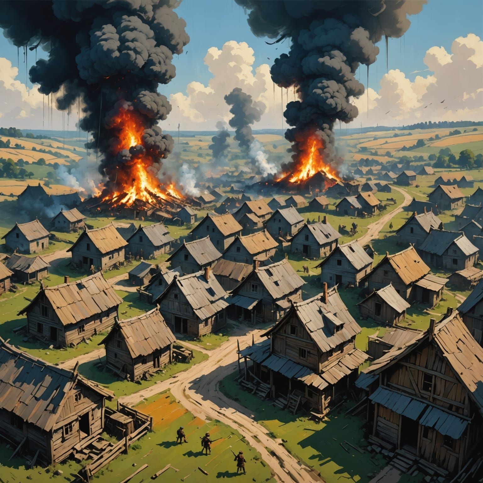 Action-Packed Village Under Siege in Dynamic Oil Painting