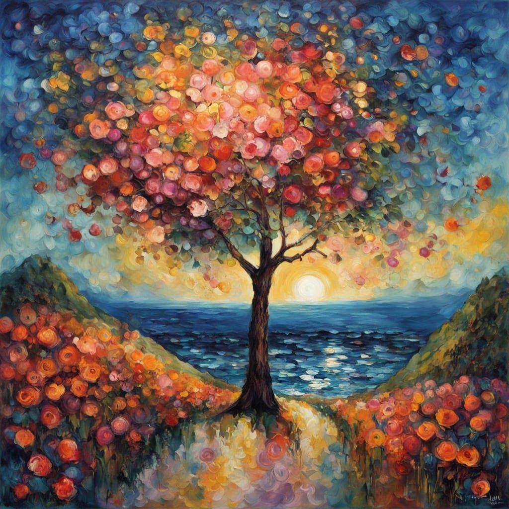 Vibrant Sunset Scene in Impasto Style with Starry Night Sky ...