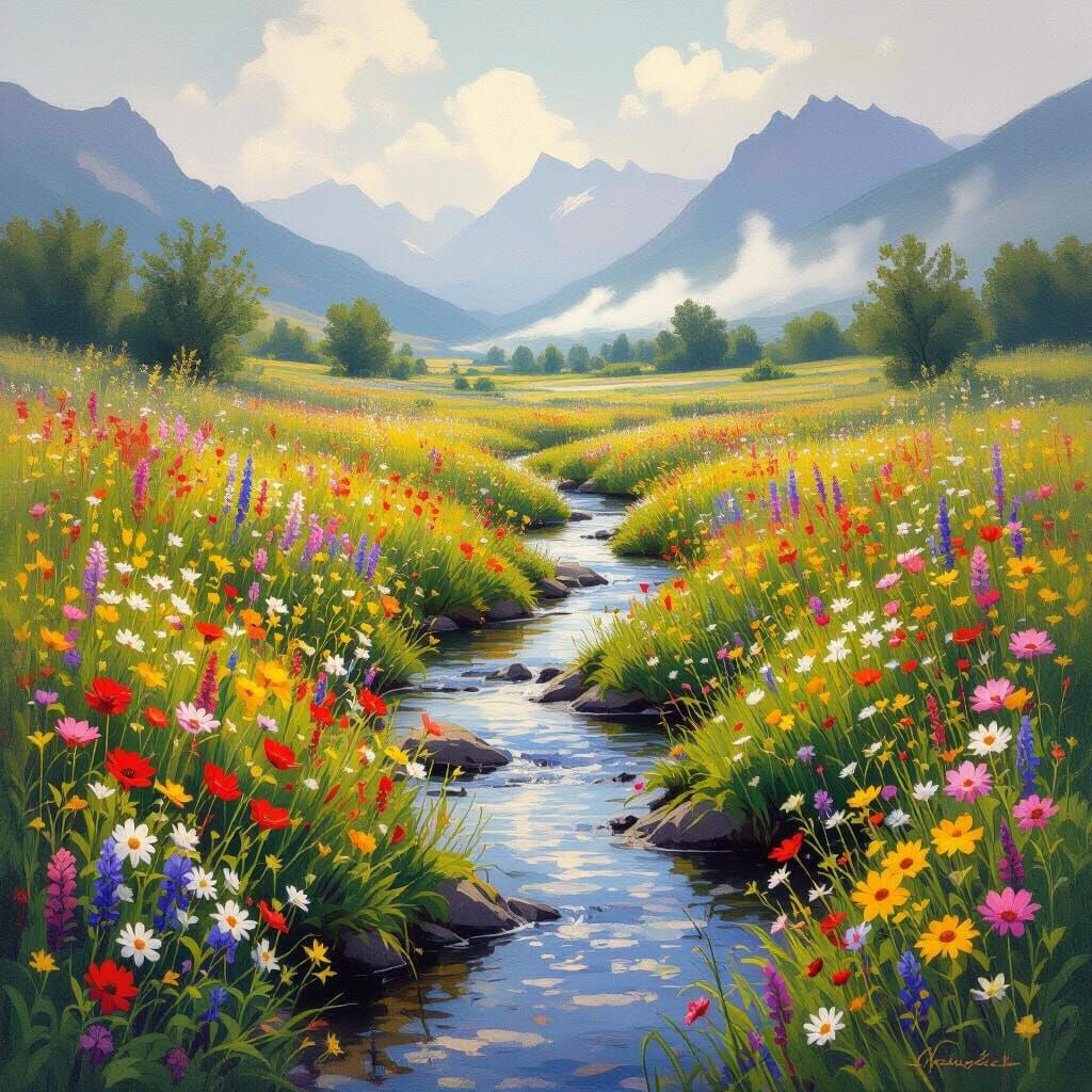 Dreamy Wildflower Meadow with Misty Mountains