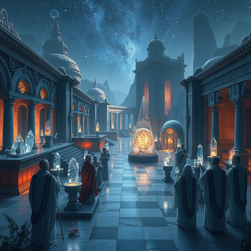 Futuristic Cityscape with Crystal Muses in Sci-Fi Style