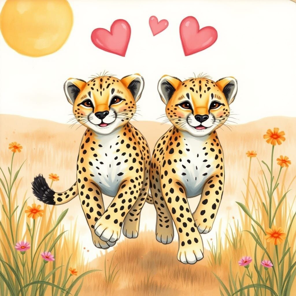 Joyful Cheetahs Run Wild in the Sunlit Savannah, Whimsical S...
