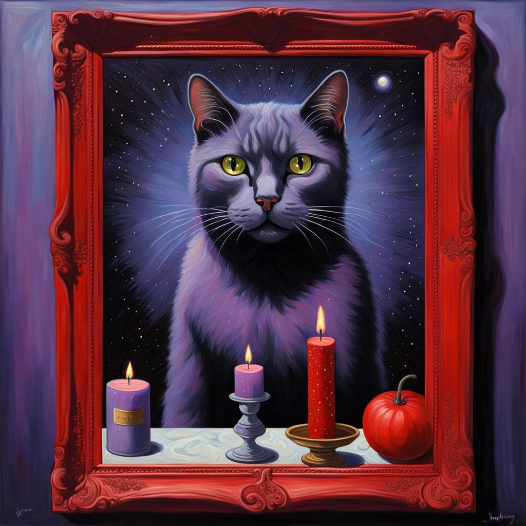 Surreal Cat with Sparklers, Dreamlike Oil Painting