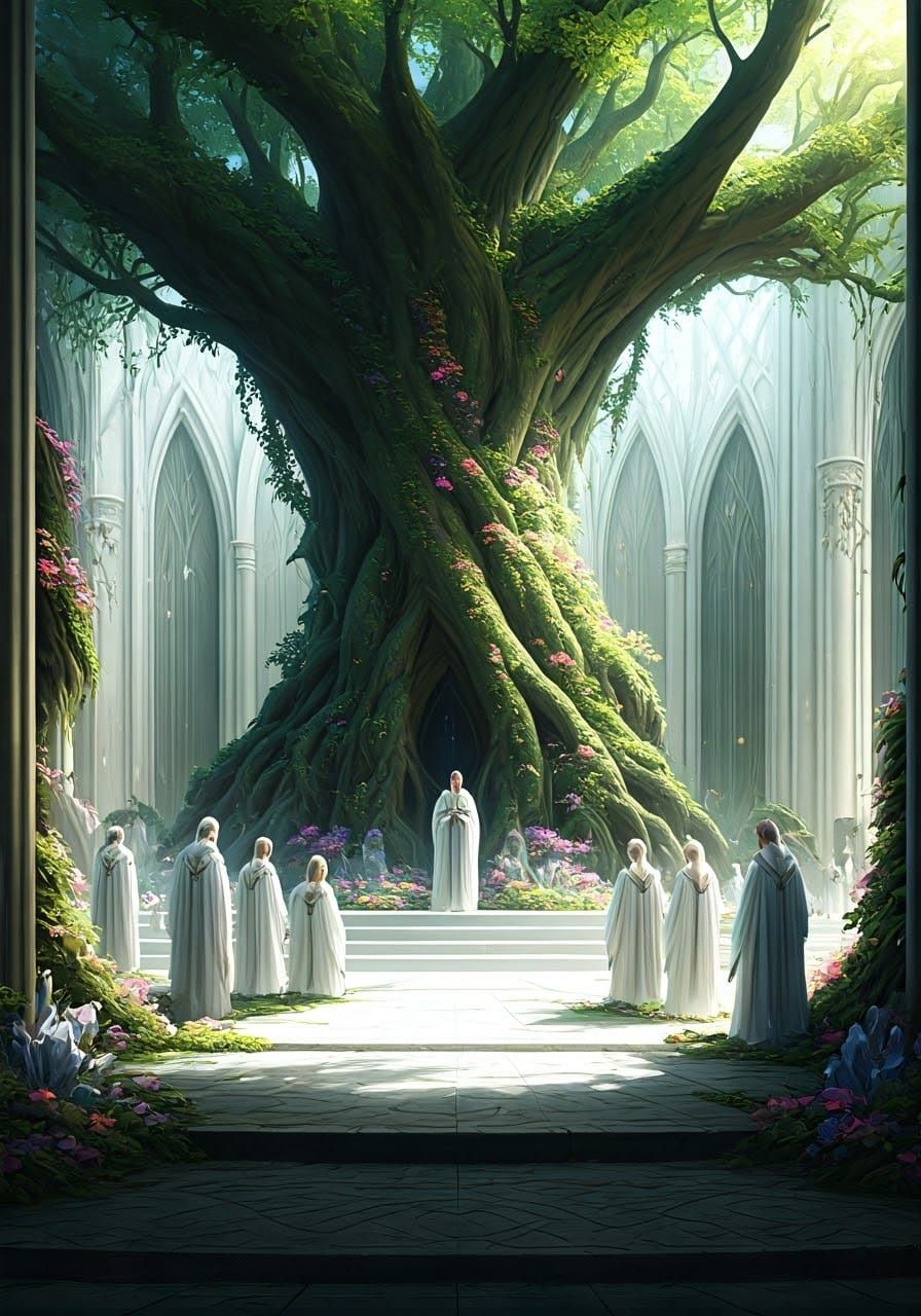 Ethereal Elven Priests Gather in a Dreamlike Tree Temple