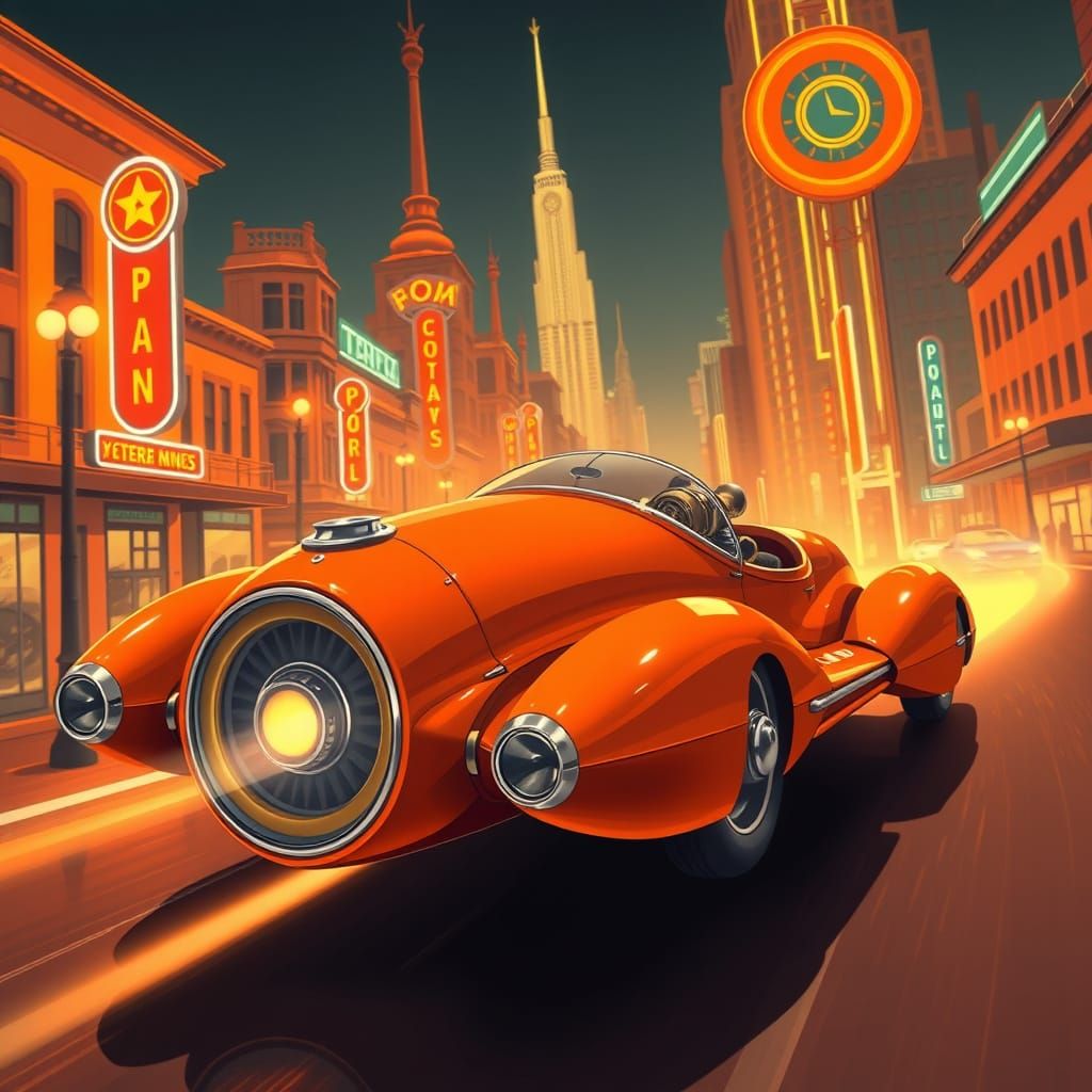 Retro-Futuristic Orange Flying Car in 1930s City