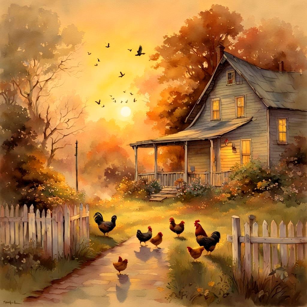 Charming Chickens in a Warm Sunrise Scene