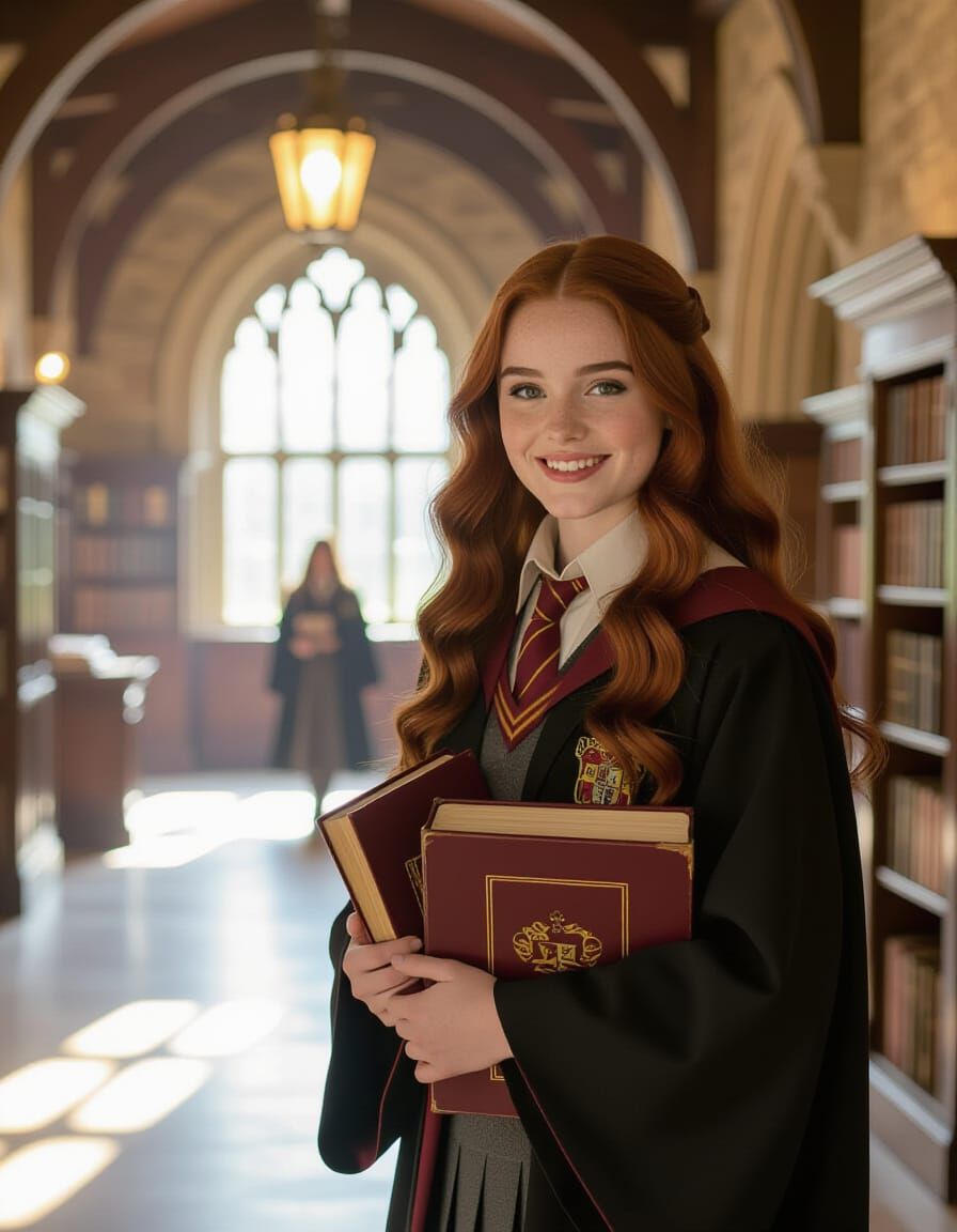 Hogwarts Student with Crimson Hair in Gryffindor Uniform