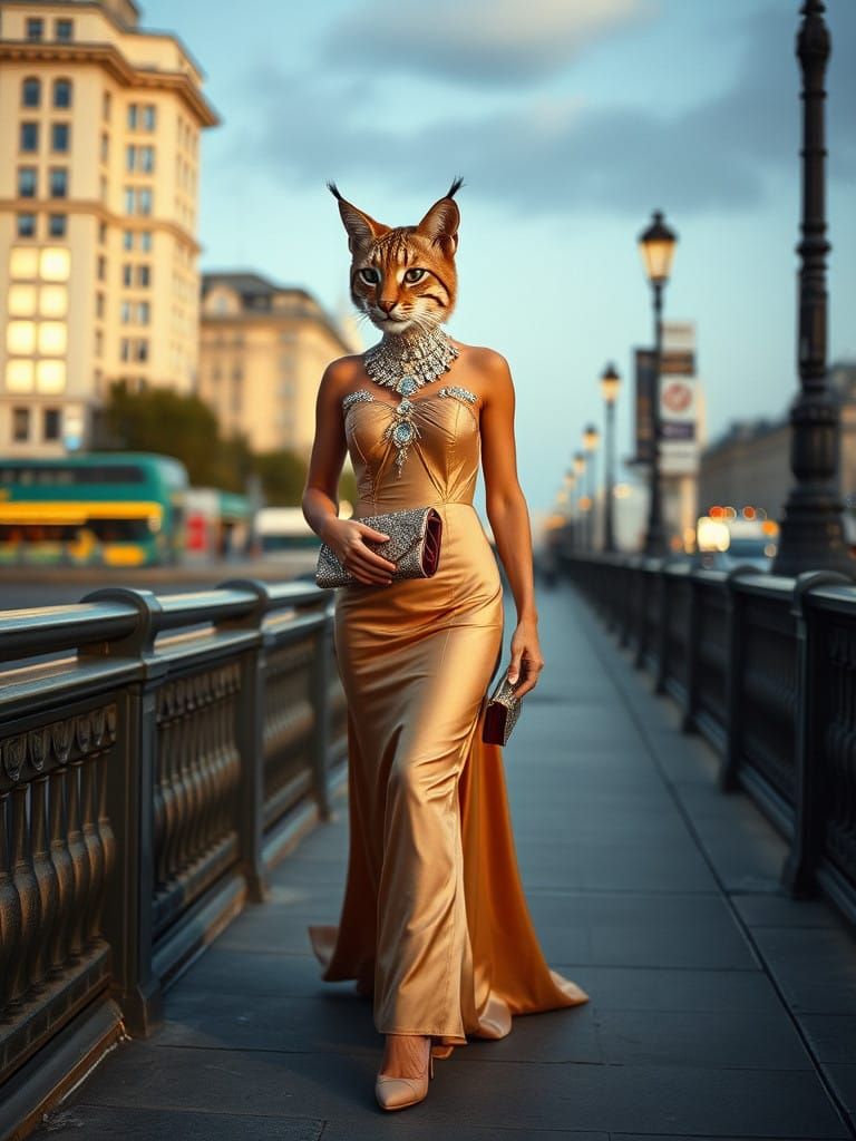 Glamorous Lynx Woman Strolls City Streets in Luxury Evening...