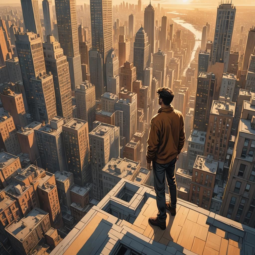 Surreal Cityscape View from Skyscraper Rooftop