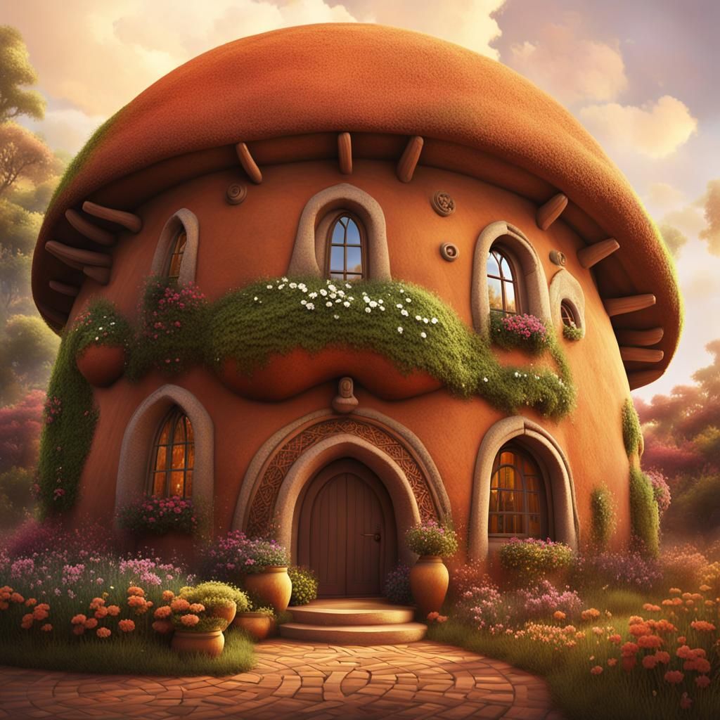 Whimsical Earthen Acorn House in Fantasy Landscape