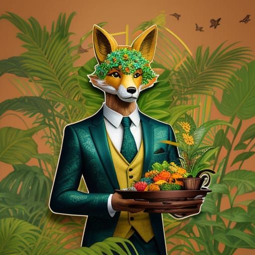 Fox Waiter with Jungle Tray: Paper Cutout Art