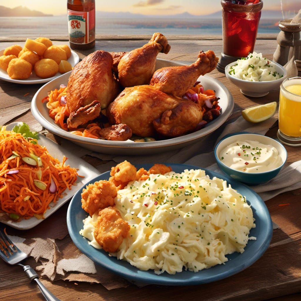 <lora:Food art:1.0> Realistic still life of a perfectly fried, golden-brown piece of chicken on a rustic wooden table, a...