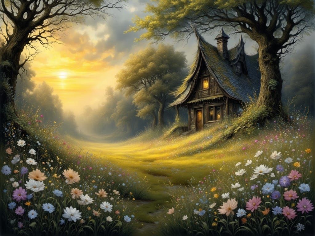 Enchanting Cottage in Gnarled Oak Forest at Sunset