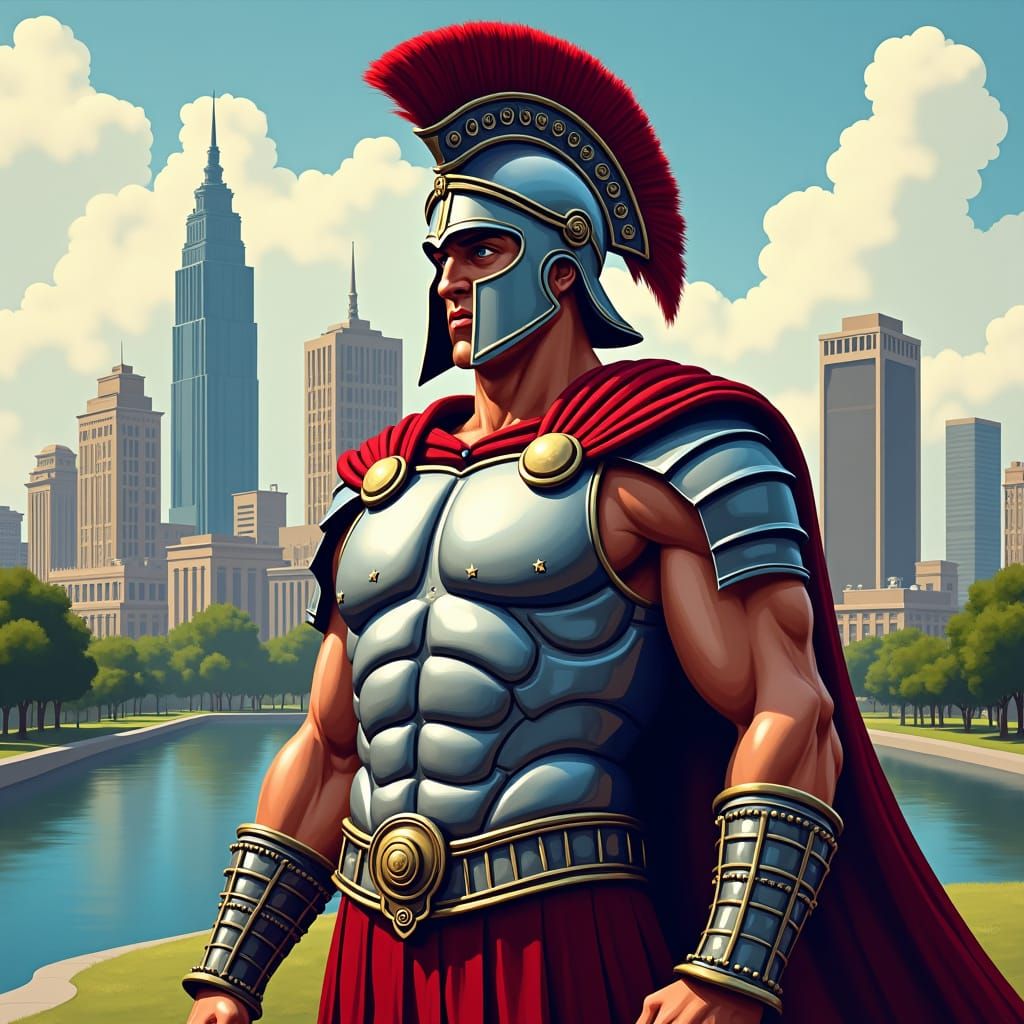 Trojan Warrior Overlooks Little Rock in Digital Art