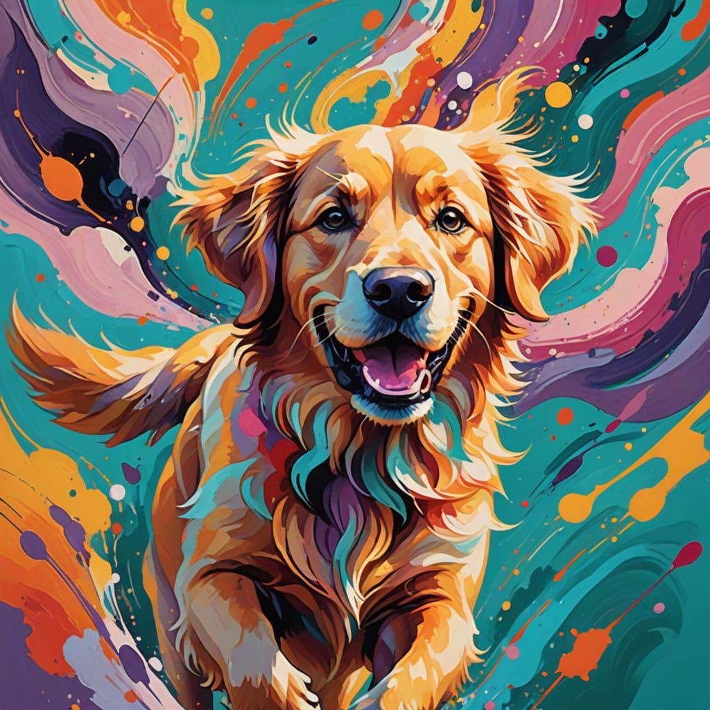Vibrant, abstract goldrn retriever with mesmerizing rainbow ...