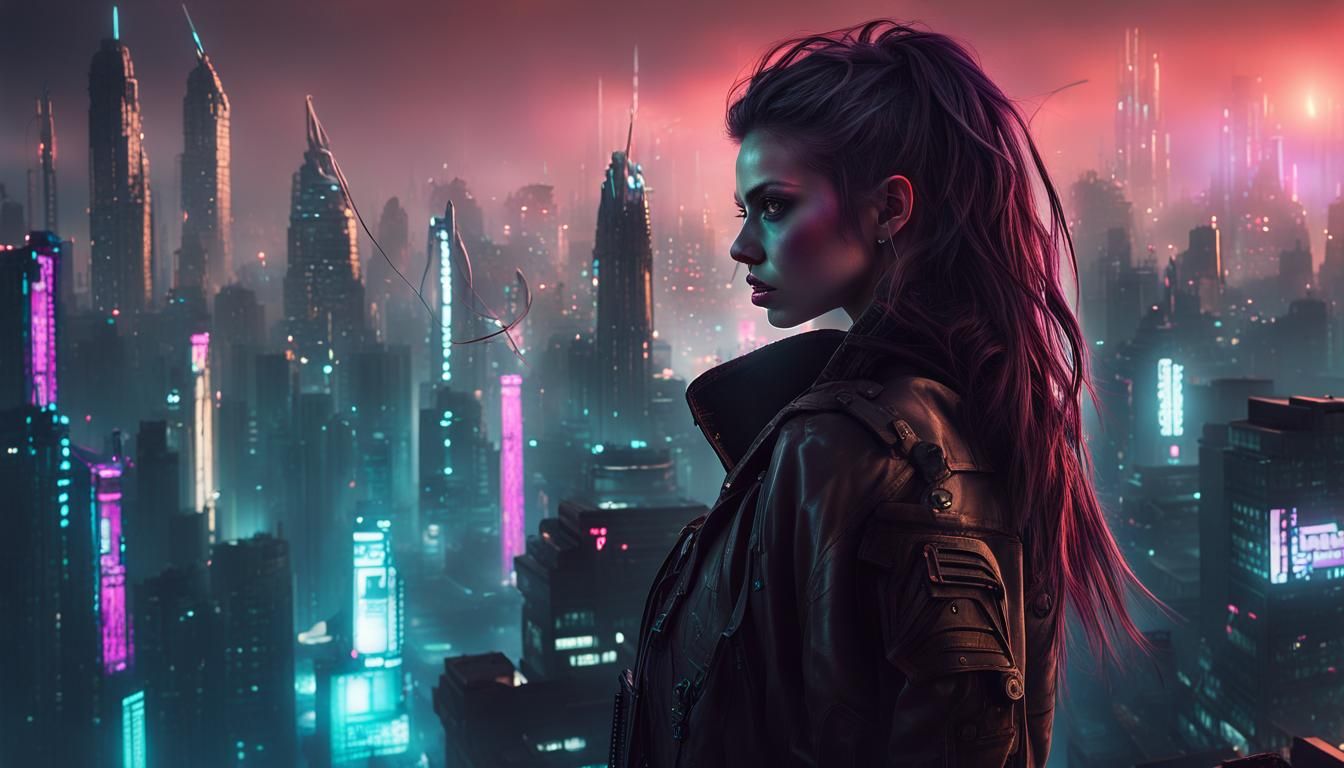 Cyberpunk Rogue in Dystopian Cityscape, Fantasy Concept Art