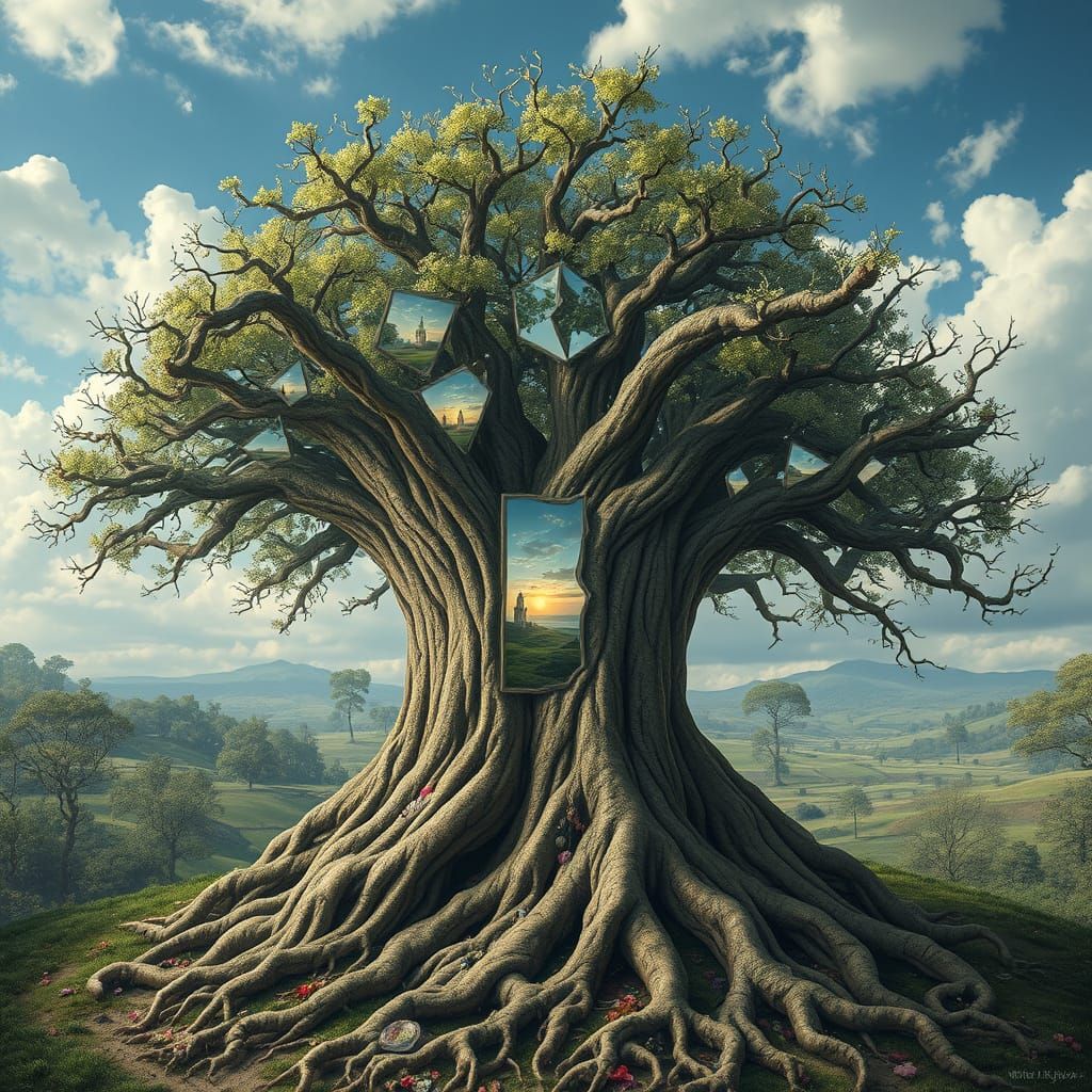 Surreal Tree Portal in Whimsical Landscape with Mirrored Rea...