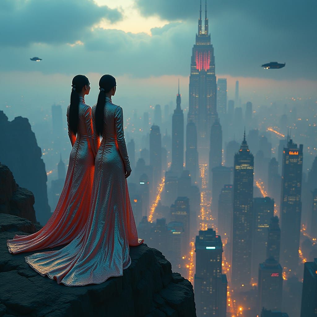 Dystopian Metropolis: Two Women in Sci-Fi Cityscape