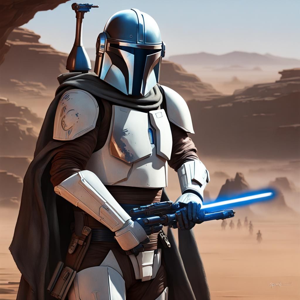 Jedi Mandalorian with Lightsaber in Dark Fantasy Style