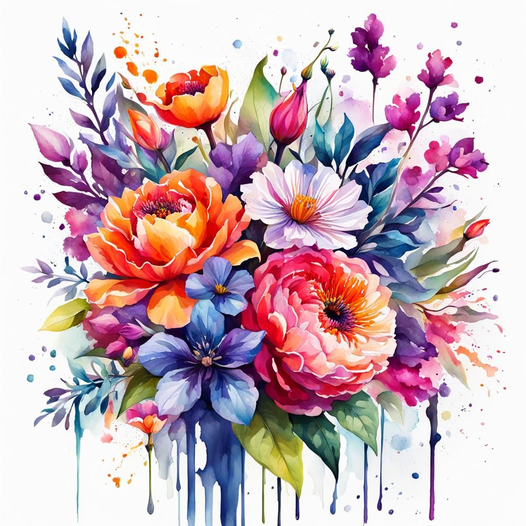 Colorful Watercolor Floral Arrangement on White Background