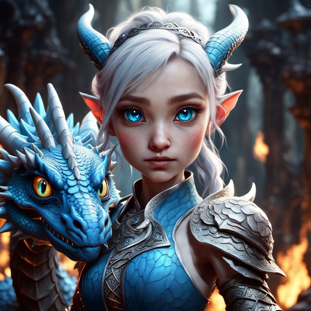 Cute Baby Girl with White Blue-Eyes Dragon