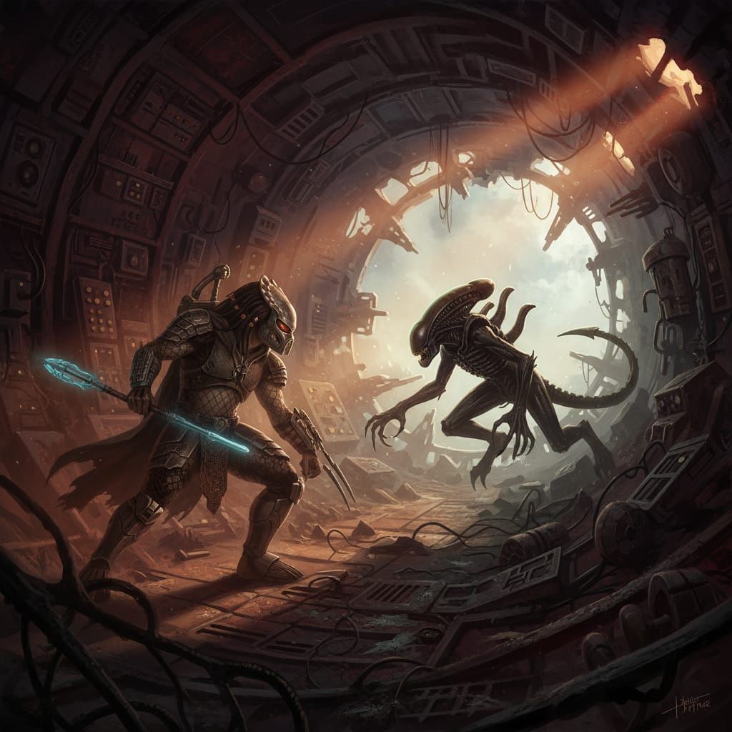 Predator Hunts Alien on Abandoned Spaceship