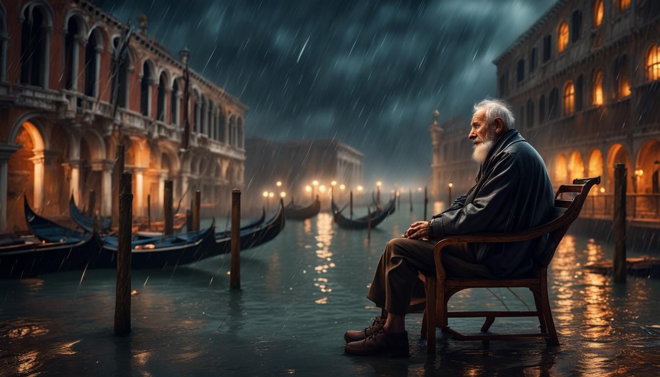 Rainy Night in Venice: Old Man's Reflection