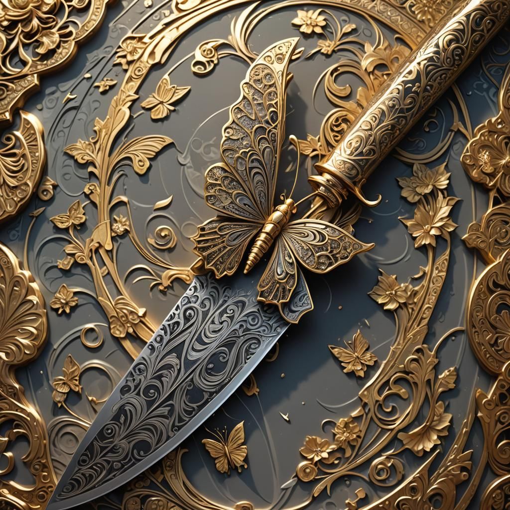 A beautiful night butterfly sits on the tip of a Damascus steel knife. The blade of the Damascus steel knife is covered ...