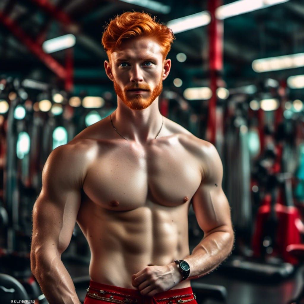 Handsome Redhead Hunk in Gym, Photorealistic Style