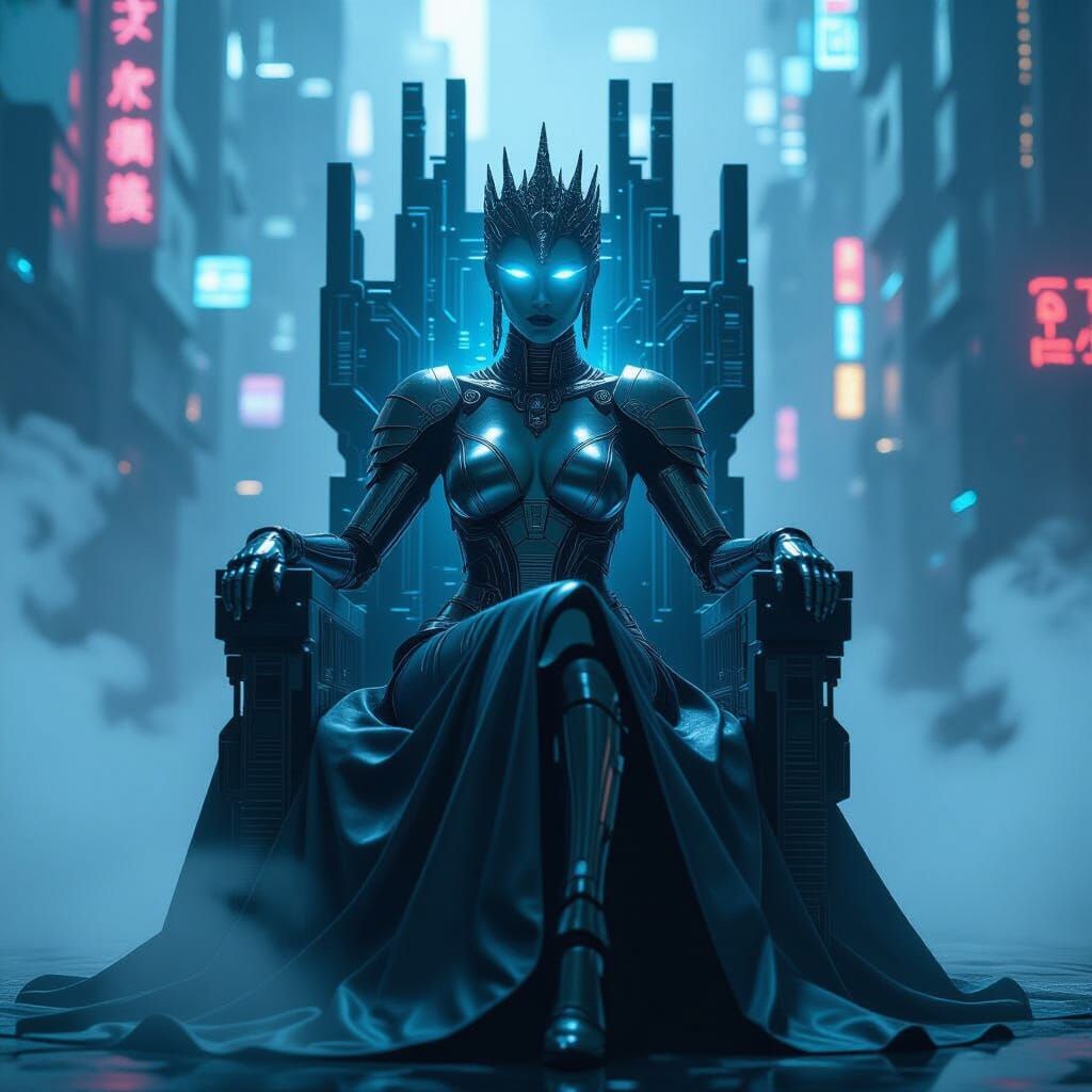 Cyborg Queen on Circuit Throne in Cyberpunk City
