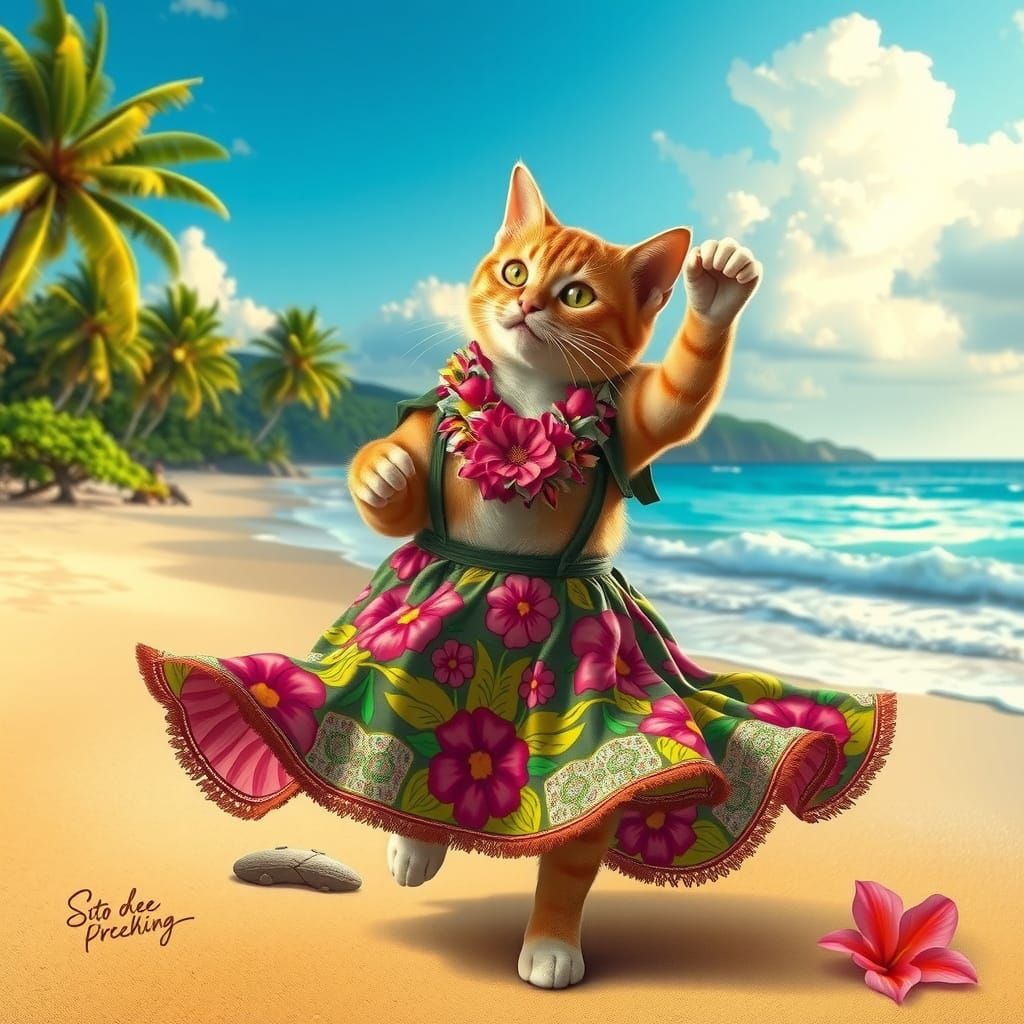 Cat Dancing in Hula Dress on Sunny Beach