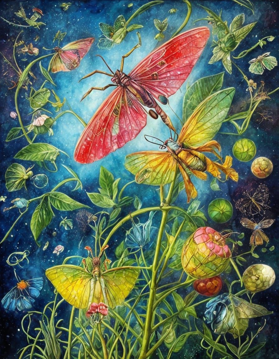 Whimsical Grasshopper in a Dreamlike Nature Scene