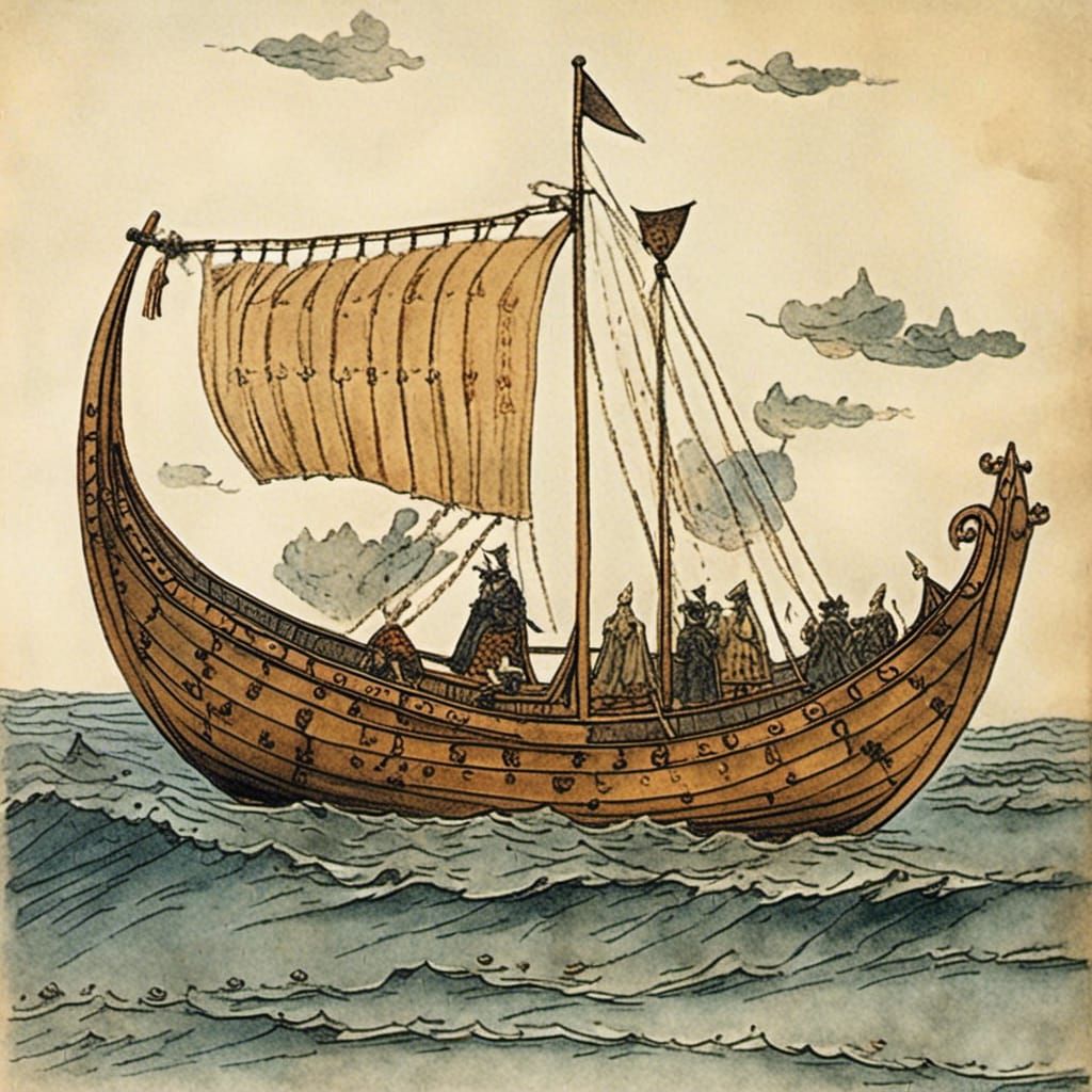 Viking Longboat with Dragon Figurehead, Dark Fantasy Art