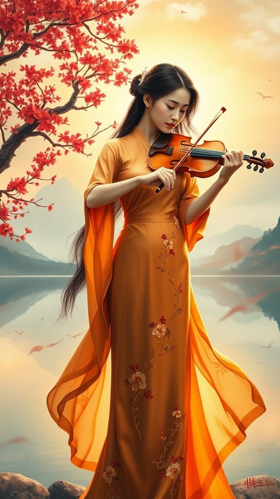 Vietnamese Beauty Serenaded by Nature in Rich Brushstroke St...