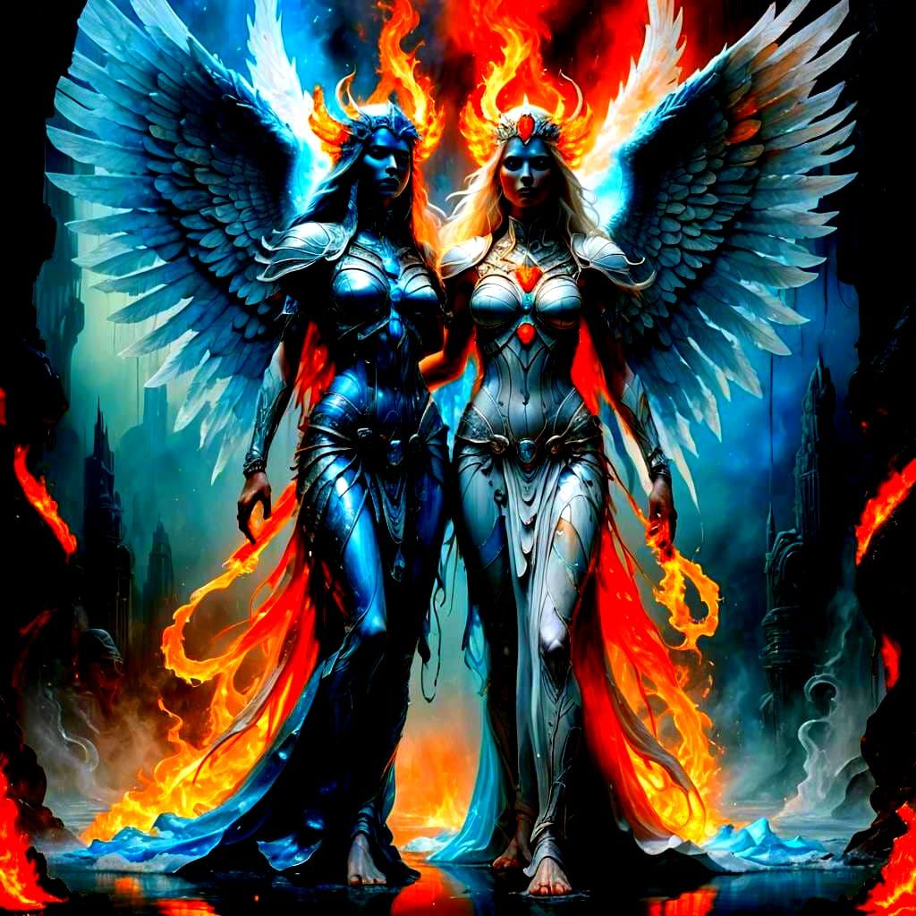 Water Goddess and Fire Warrior Goddess with Wings
