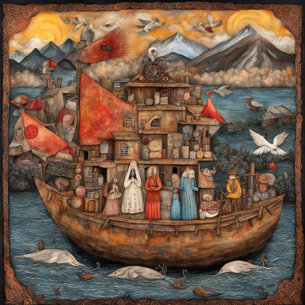 Soul's Journey to the Underworld in Folk Art Style