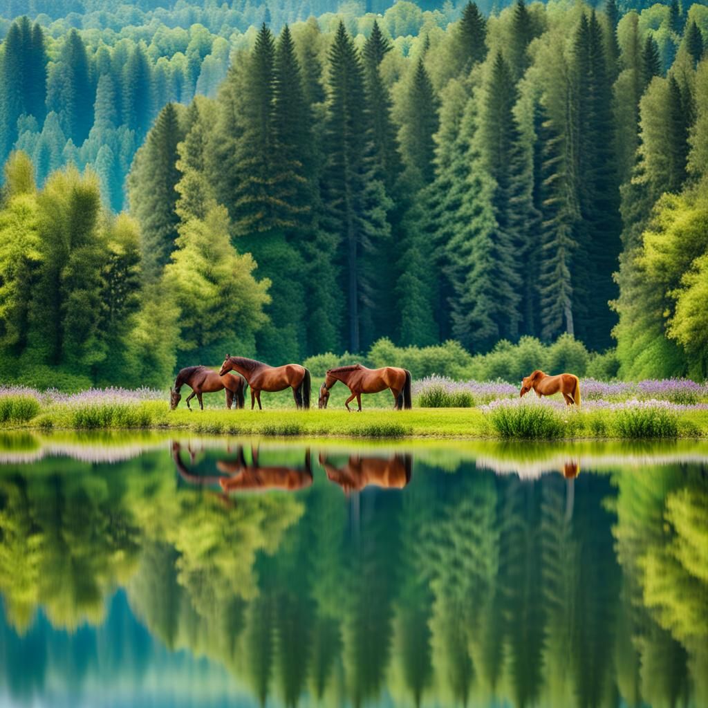Horses Reflected in Calm Lake at Sunset