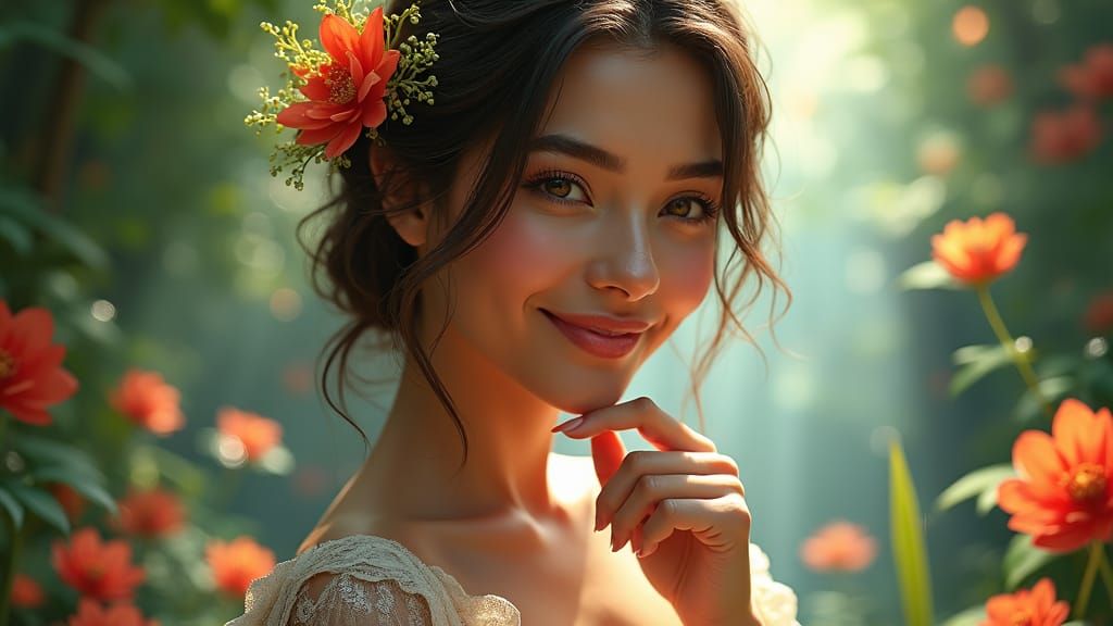 Enchanting Woman in Mystical Garden, Digital Matte Painting