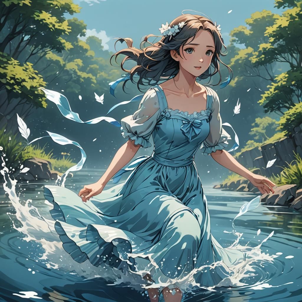 Anime Woman in Flowing Dress, Cel-Shaded Art
