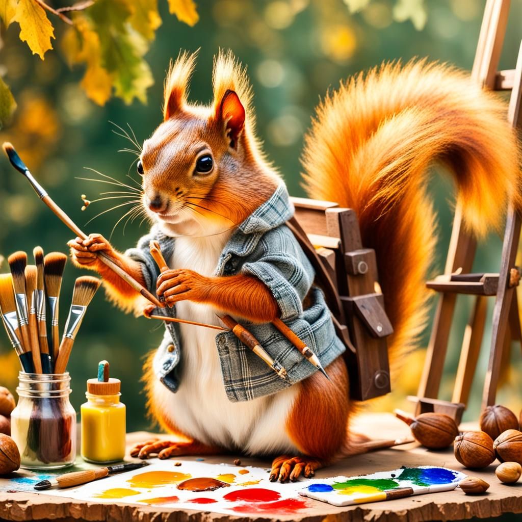 Adorable Squirrel Painter Creates Acorn Still Life