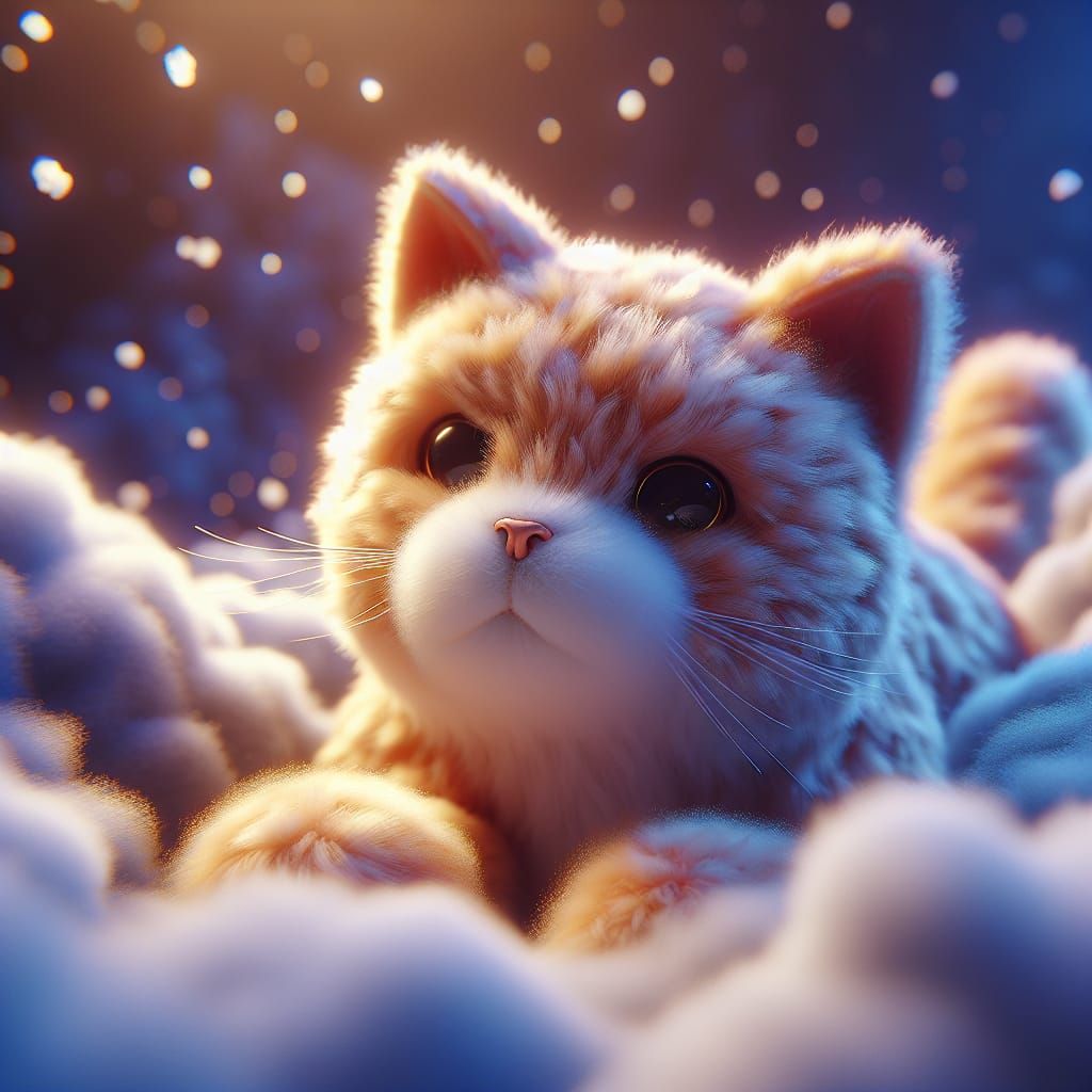 Hyperrealistic Toy Cat on Downy Bed