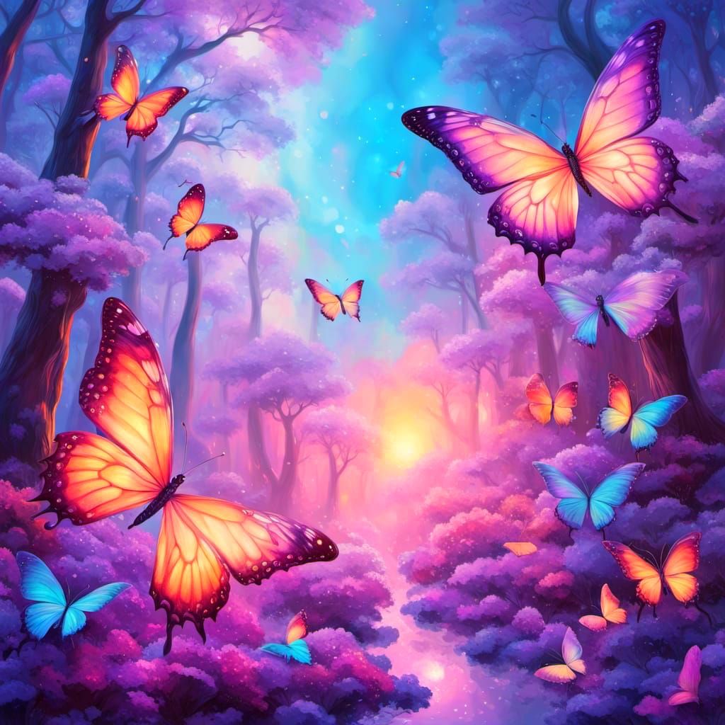 Twilight Butterflies Dance Amidst Crystal Forest