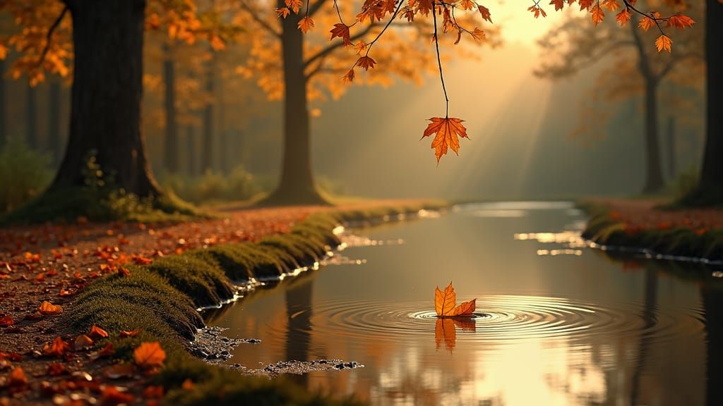 Autumn Leaf Falls in Forest Lake