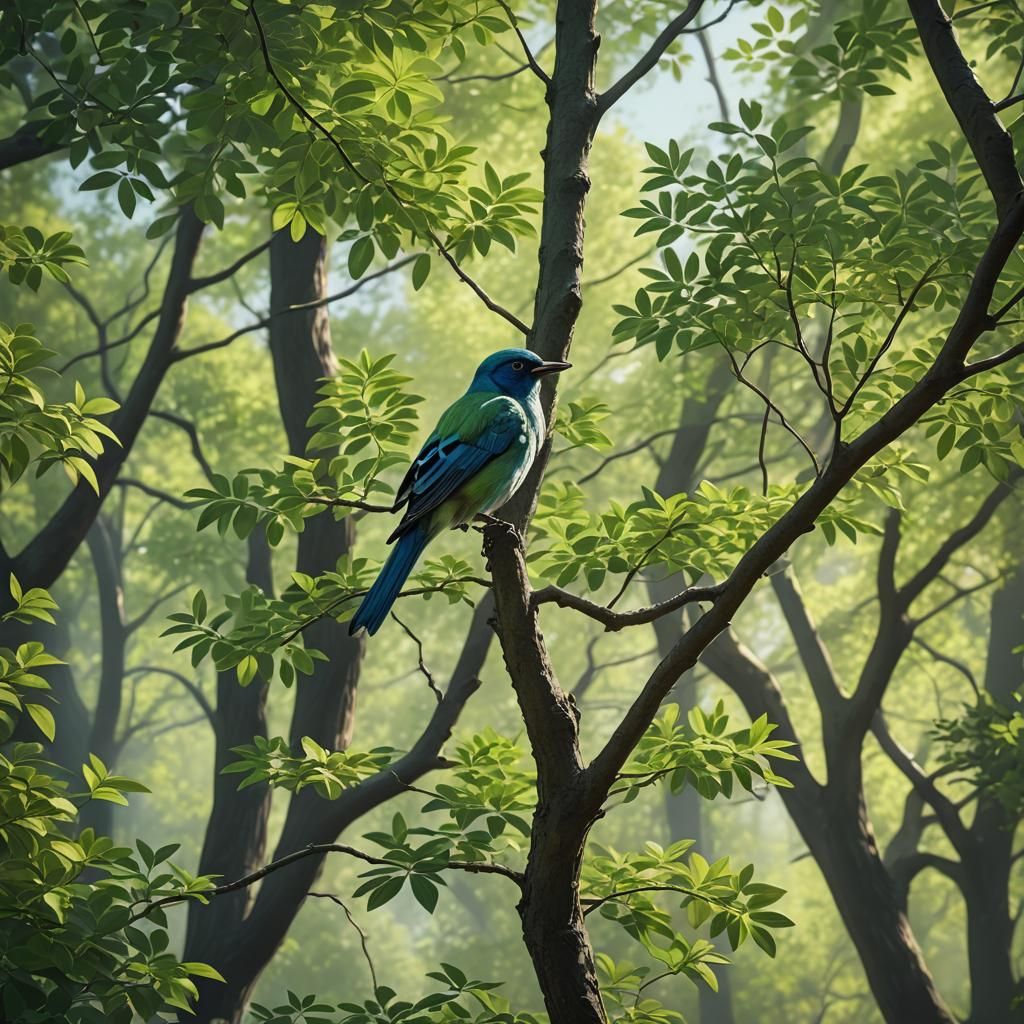 Spring Bird on Tree: Photorealistic Digital Art