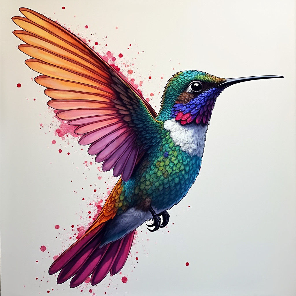 Hummingbird Portrait in Hyper-Realistic Cartoon Inkblot Styl...