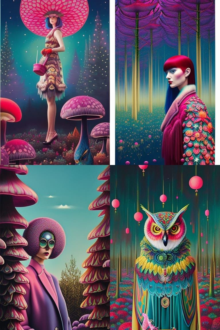 Owl and Mushroom in Fashion Magazine Art Style