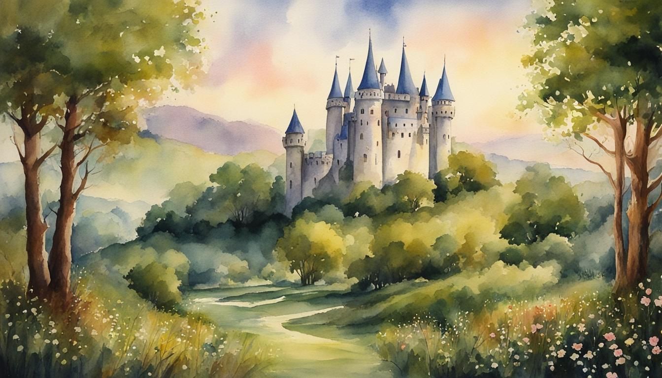Elysian Fields Fairy Tale Castle Watercolour Painting