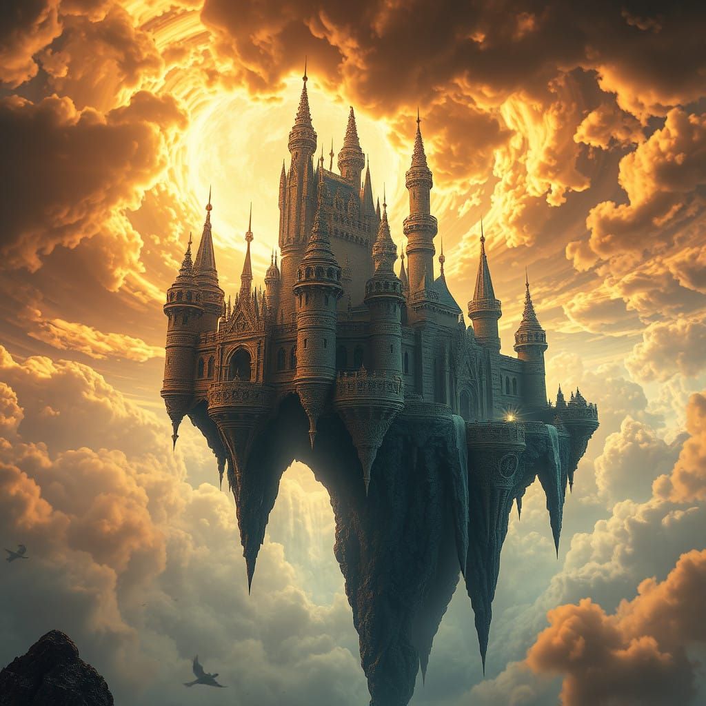 Ethereal Floating Castle Amidst Golden Clouds and Waterfalls