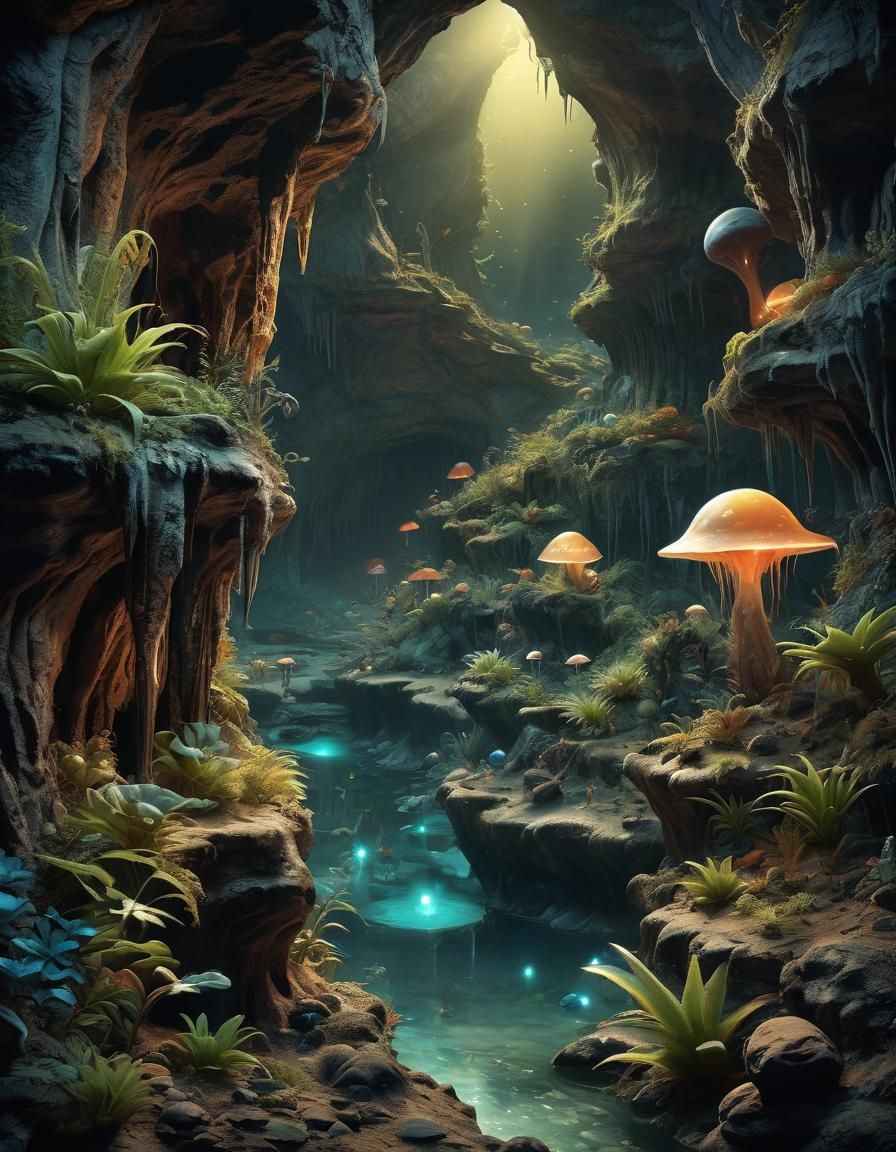 Luminous Cave Ecosystem on Alien World