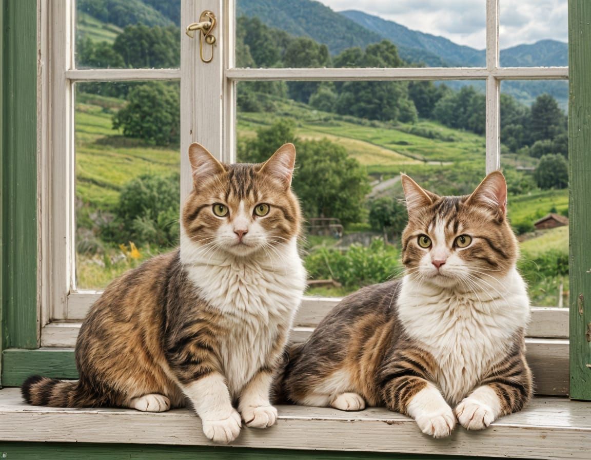 Cats Gazing at Bay View from Farmhouse Window